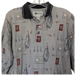 Pebble Beach Polo Shirt Mens Extra Large Gray Golf All Over Print Black Collar‎